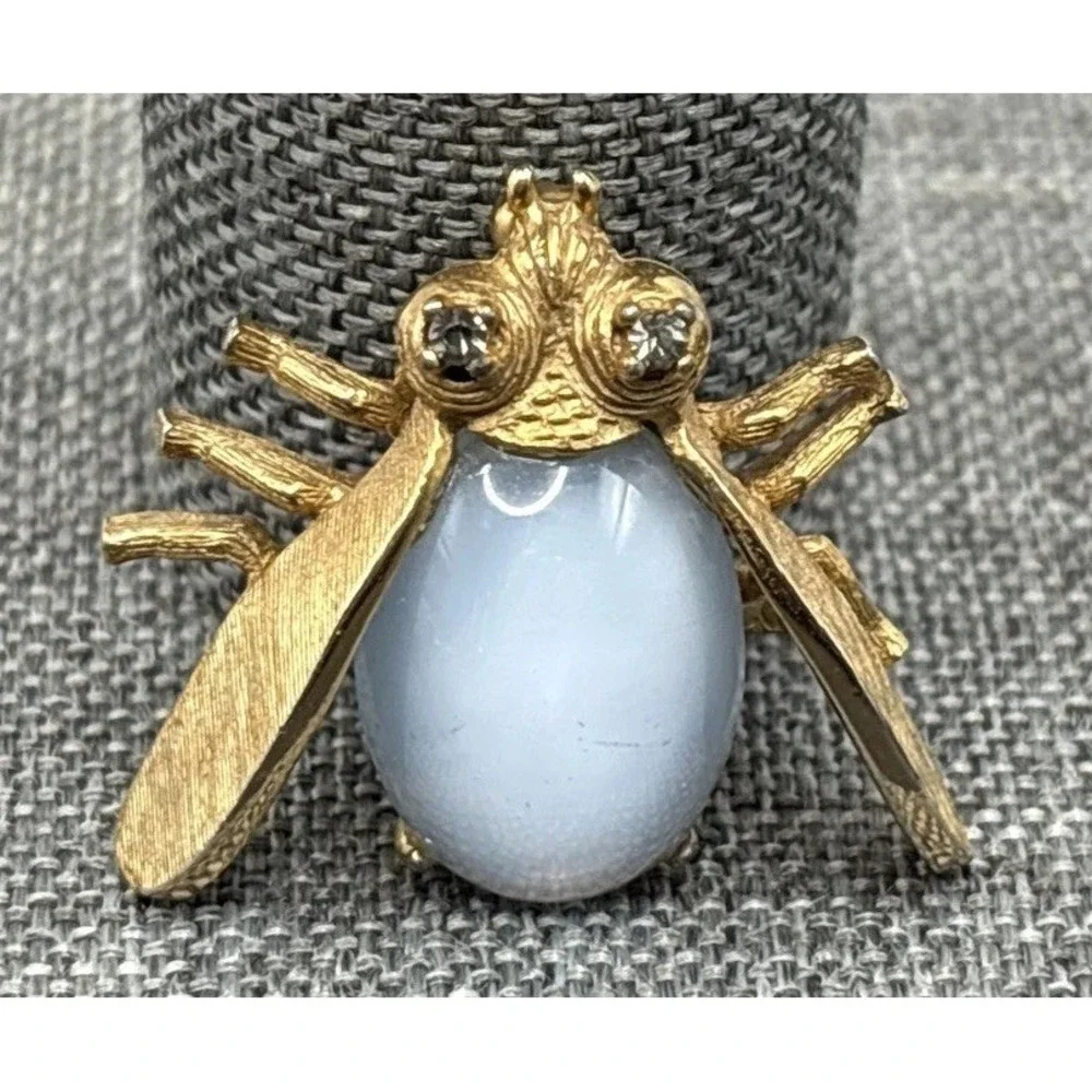 Vintage Jelly Belly Bee Insect Brooch Faux Moonstone Cabochon Crystal Rhinestone